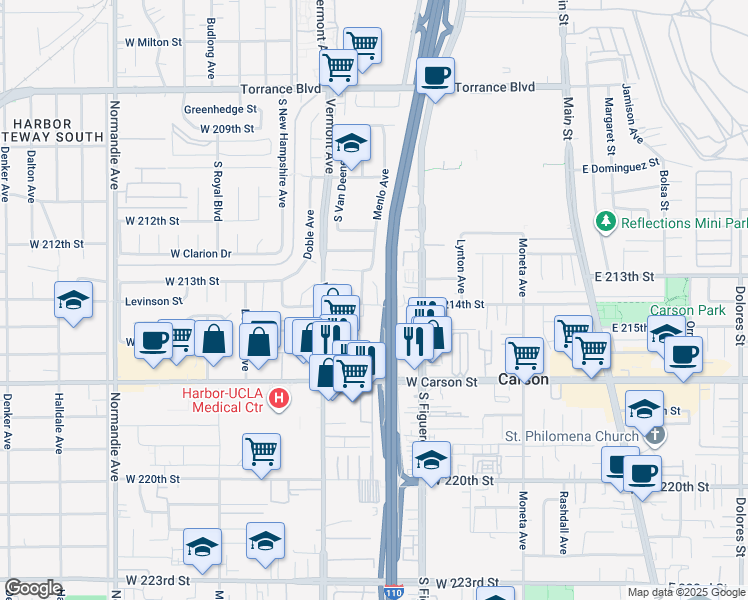 map of restaurants, bars, coffee shops, grocery stores, and more near 740 West 214th Street in Torrance