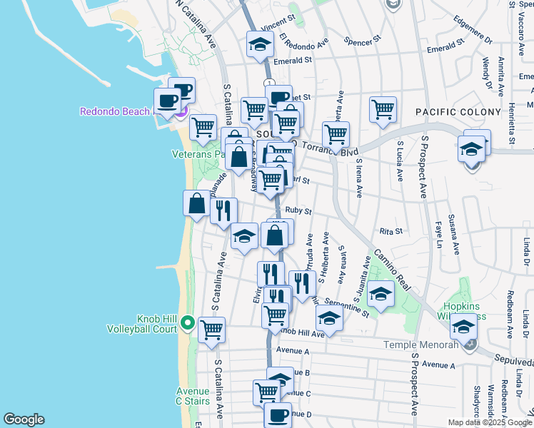 map of restaurants, bars, coffee shops, grocery stores, and more near 511 South Guadalupe Avenue in Redondo Beach