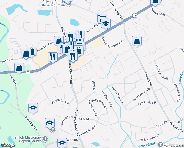map of restaurants, bars, coffee shops, grocery stores, and more near 4033 Overland Trail Southwest in Snellville