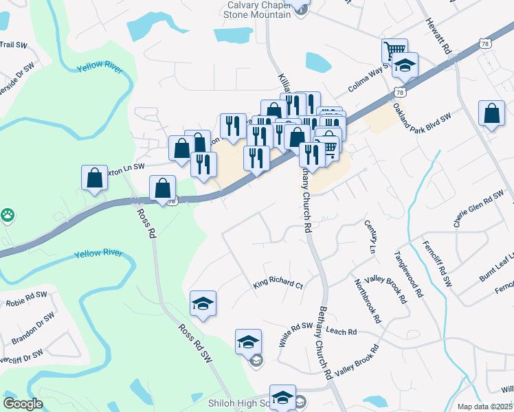 map of restaurants, bars, coffee shops, grocery stores, and more near 4137 Wellington Hills Lane in Snellville