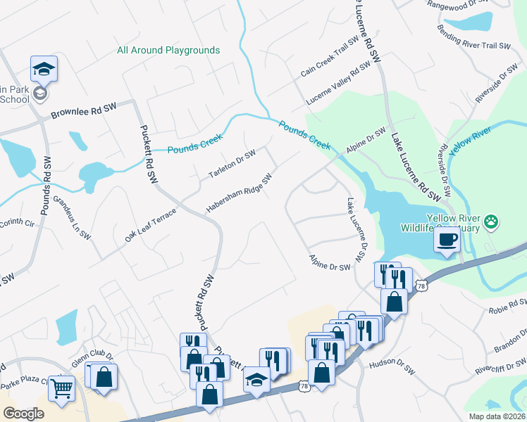 map of restaurants, bars, coffee shops, grocery stores, and more near 4851 Valley Dale Drive Southwest in Lilburn