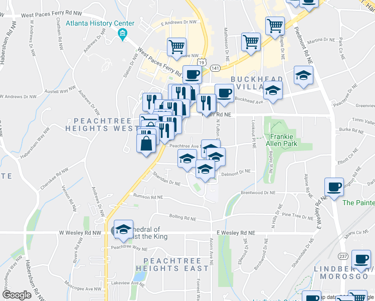 map of restaurants, bars, coffee shops, grocery stores, and more near 17 Peachtree Avenue Northeast in Atlanta
