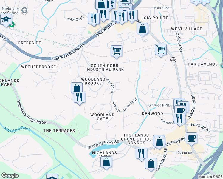 map of restaurants, bars, coffee shops, grocery stores, and more near 4913 Durley Lane Southeast in Smyrna