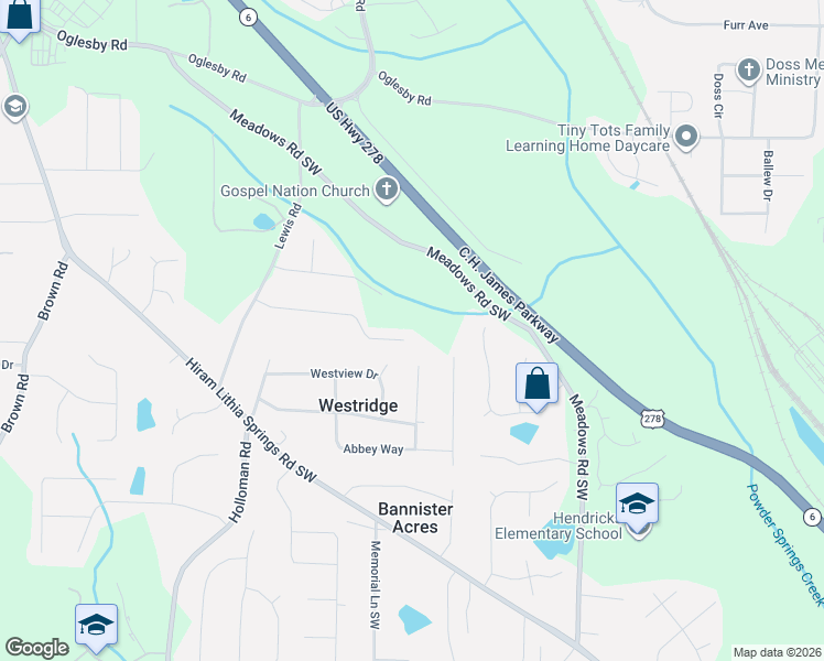 map of restaurants, bars, coffee shops, grocery stores, and more near 4408 Karron Drive in Powder Springs
