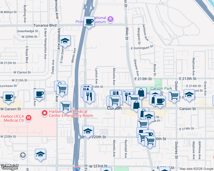 map of restaurants, bars, coffee shops, grocery stores, and more near 21337 Archibald Avenue in Carson
