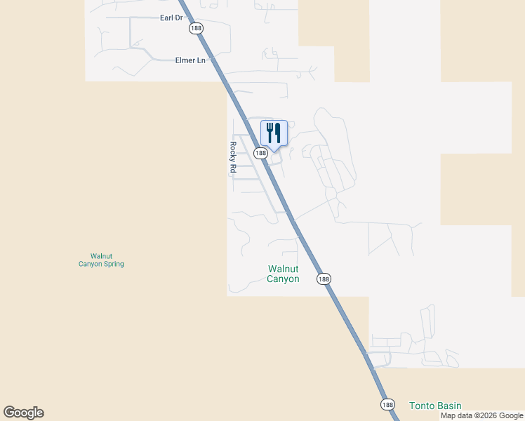 map of restaurants, bars, coffee shops, grocery stores, and more near 188 North Walnut Springs Road in Tonto Basin