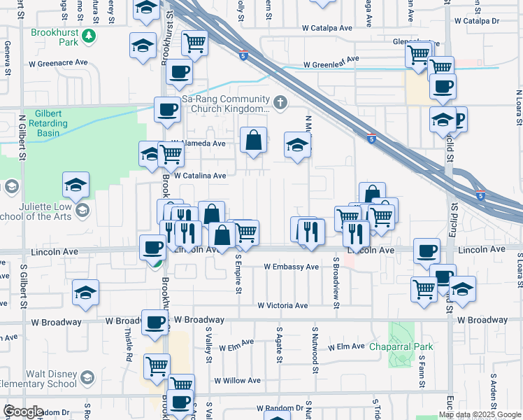 map of restaurants, bars, coffee shops, grocery stores, and more near 202 North Carol Drive in Anaheim