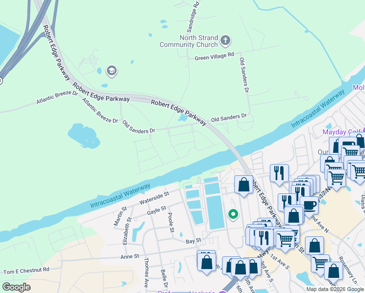 map of restaurants, bars, coffee shops, grocery stores, and more near 1121 Sandridge Road in Little River
