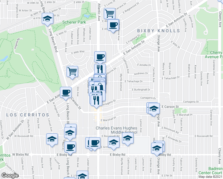 map of restaurants, bars, coffee shops, grocery stores, and more near 4311 Olive Ave in Long Beach