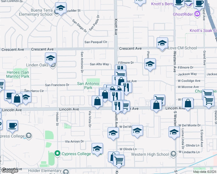 map of restaurants, bars, coffee shops, grocery stores, and more near 6741 Lincoln Avenue in Buena Park