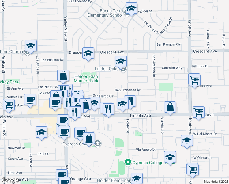 map of restaurants, bars, coffee shops, grocery stores, and more near 6400 San Harco Circle in Buena Park