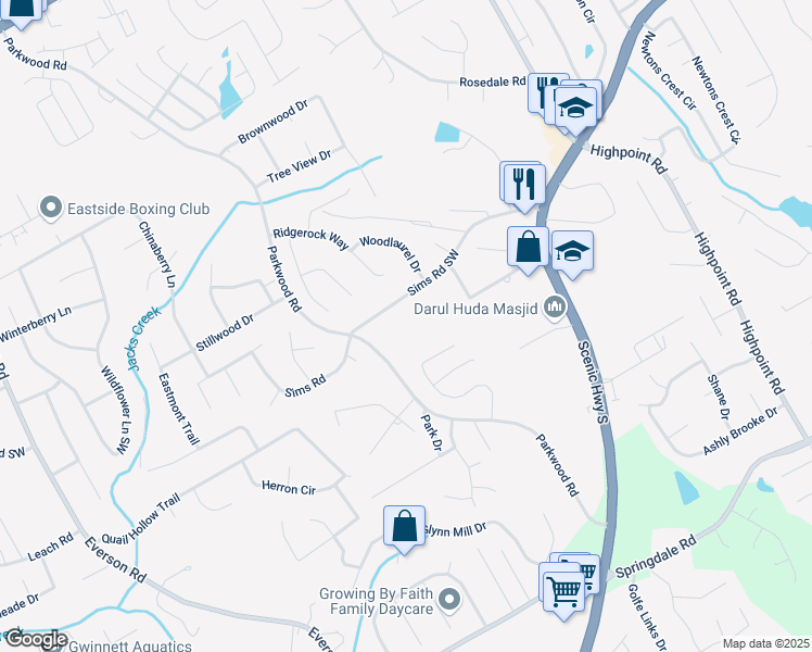map of restaurants, bars, coffee shops, grocery stores, and more near 2829 Rusticwood Drive Southwest in Snellville