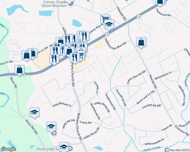 map of restaurants, bars, coffee shops, grocery stores, and more near 4003 Overland Trail Southwest in Snellville