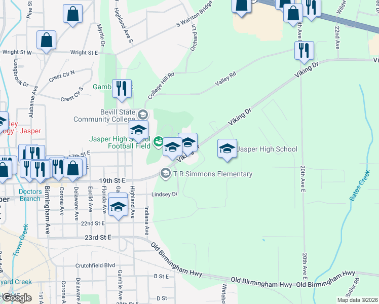 map of restaurants, bars, coffee shops, grocery stores, and more near 1301 Viking Drive in Jasper