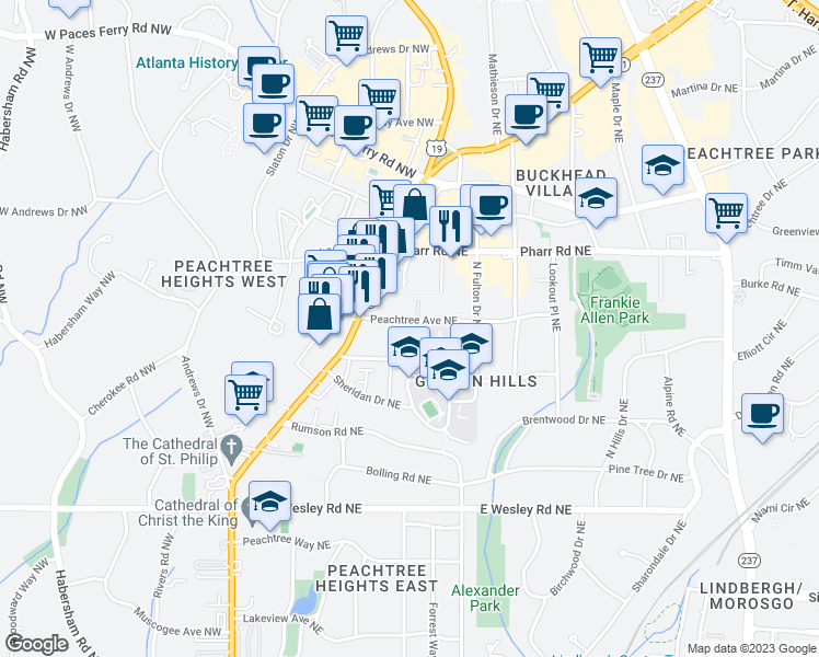 map of restaurants, bars, coffee shops, grocery stores, and more near 17 Peachtree Avenue Northeast in Atlanta