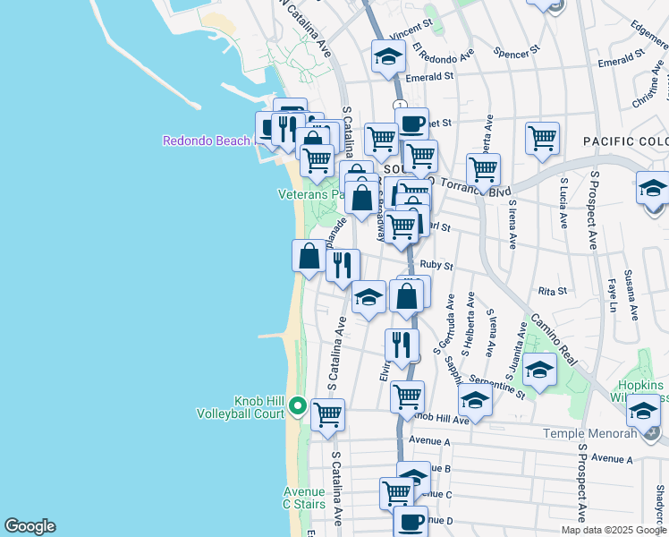 map of restaurants, bars, coffee shops, grocery stores, and more near in Redondo Beach