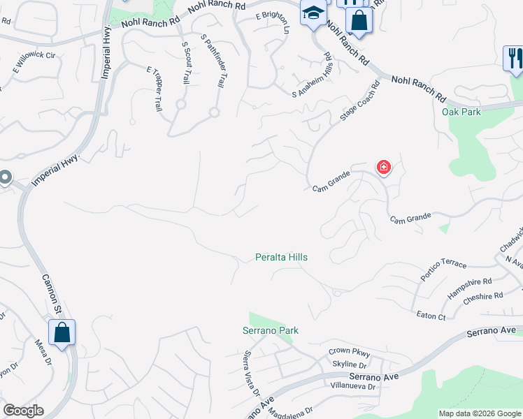 map of restaurants, bars, coffee shops, grocery stores, and more near 817 South Shanada Court in Anaheim