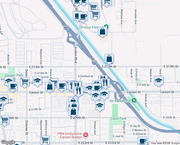 map of restaurants, bars, coffee shops, grocery stores, and more near 21320 Garston Avenue in Carson