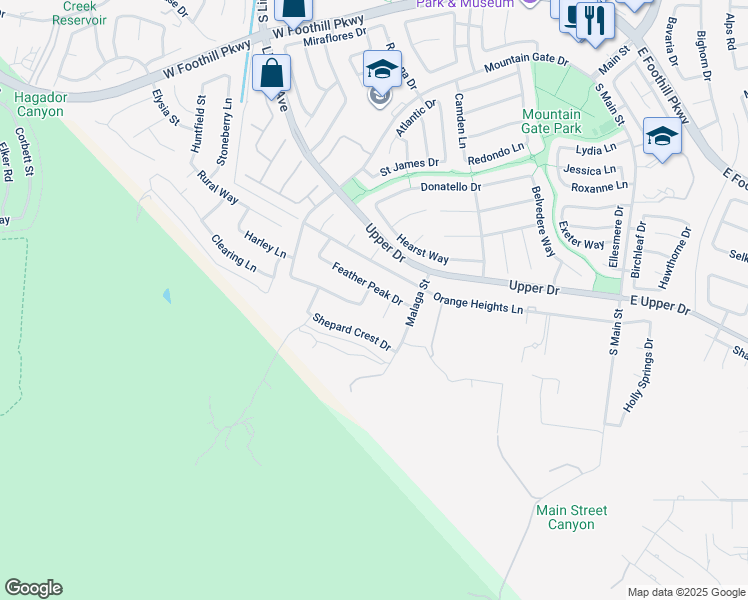 map of restaurants, bars, coffee shops, grocery stores, and more near 3735 Hilgard Street in Corona