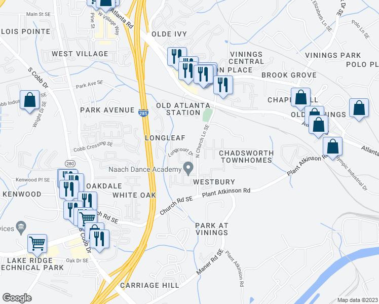 map of restaurants, bars, coffee shops, grocery stores, and more near 4880 Longcourt Drive in Smyrna