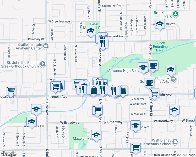 map of restaurants, bars, coffee shops, grocery stores, and more near 243 North Magnolia Street in Anaheim