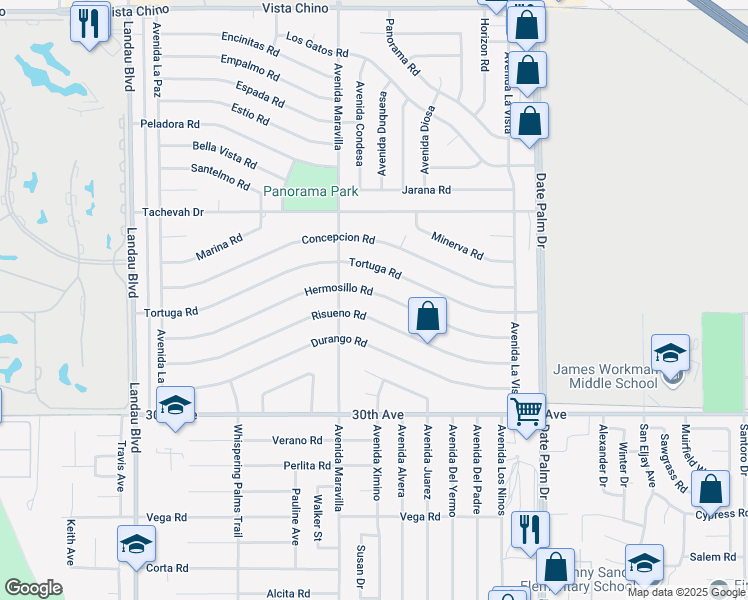 map of restaurants, bars, coffee shops, grocery stores, and more near 68545 Risueno Road in Cathedral City