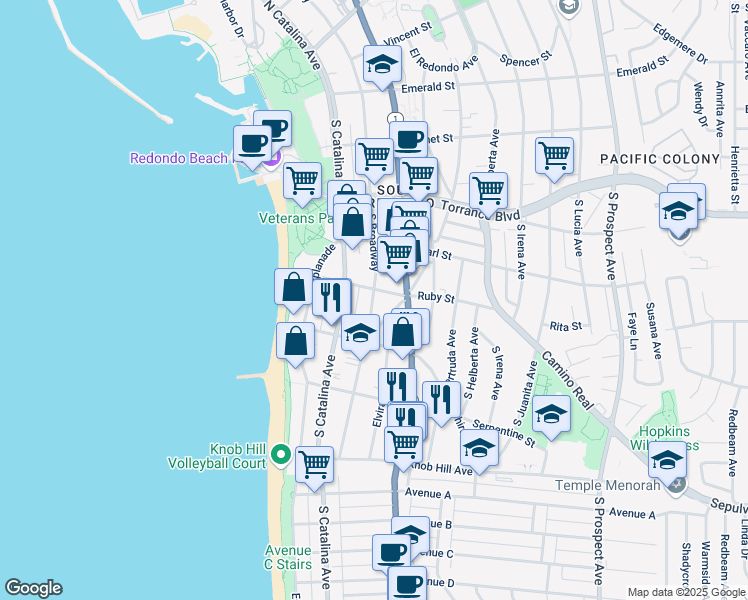 map of restaurants, bars, coffee shops, grocery stores, and more near 511 South Guadalupe Avenue in Redondo Beach