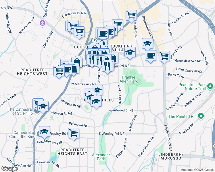 map of restaurants, bars, coffee shops, grocery stores, and more near 339 Peachtree Avenue Northeast in Atlanta