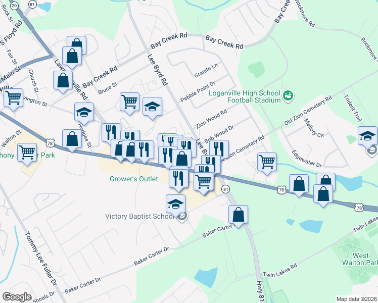 map of restaurants, bars, coffee shops, grocery stores, and more near 116 Perry Street in Loganville