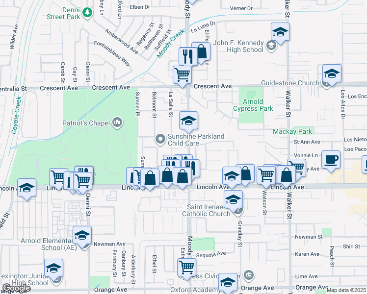 map of restaurants, bars, coffee shops, grocery stores, and more near 8793 Moody Street in Cypress