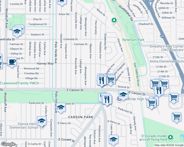 map of restaurants, bars, coffee shops, grocery stores, and more near 4212 Nipomo Avenue in Lakewood