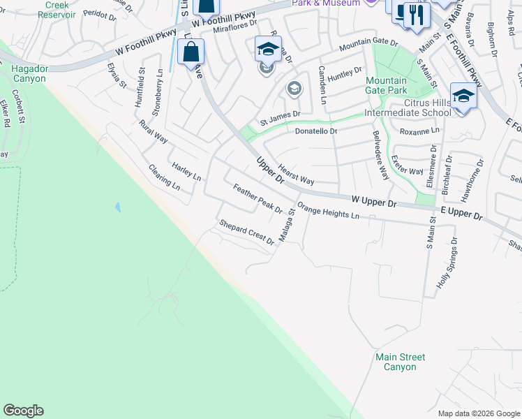 map of restaurants, bars, coffee shops, grocery stores, and more near 3735 Hilgard Street in Corona