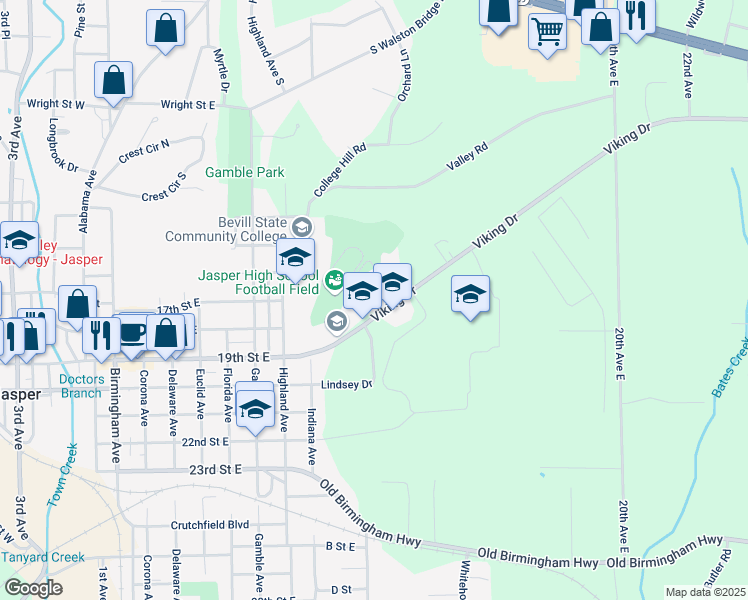 map of restaurants, bars, coffee shops, grocery stores, and more near 1100 Viking Drive in Jasper