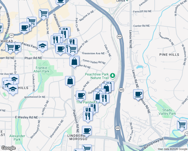 map of restaurants, bars, coffee shops, grocery stores, and more near 700 Darlington Road Northeast in Atlanta