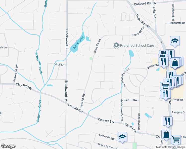 map of restaurants, bars, coffee shops, grocery stores, and more near 4901 Glore Road Southwest in Mableton