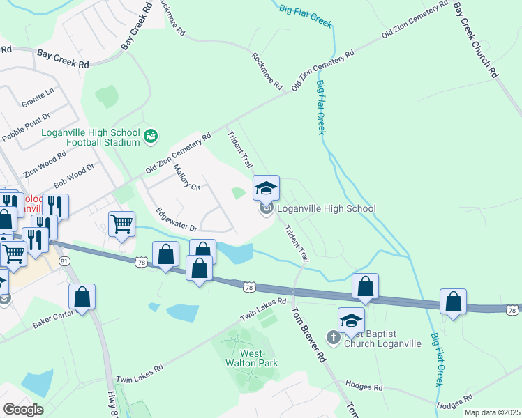 map of restaurants, bars, coffee shops, grocery stores, and more near 100 Trident Trail in Loganville