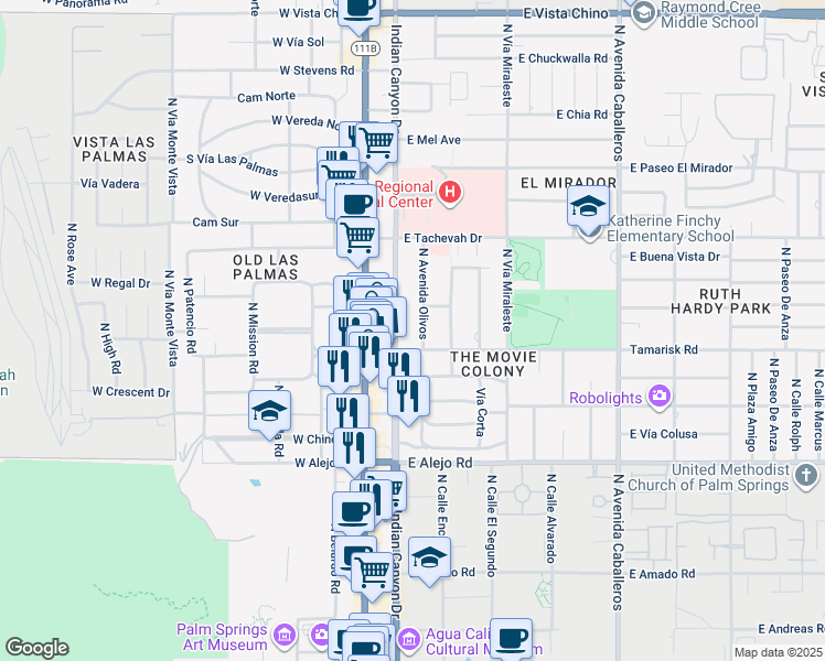 map of restaurants, bars, coffee shops, grocery stores, and more near 731 Tamarisk Road in Palm Springs