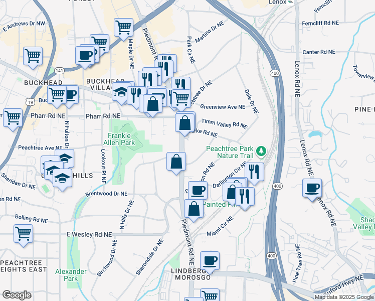 map of restaurants, bars, coffee shops, grocery stores, and more near 2901 Piedmont Road Northeast in Atlanta