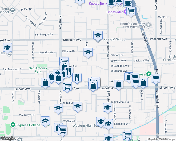 map of restaurants, bars, coffee shops, grocery stores, and more near 8822 Pierce Drive in Buena Park