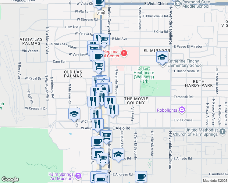 map of restaurants, bars, coffee shops, grocery stores, and more near 731 Tamarisk Road in Palm Springs
