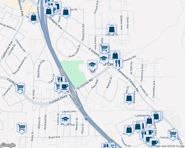 map of restaurants, bars, coffee shops, grocery stores, and more near 7610 El Cerrito Road in Corona