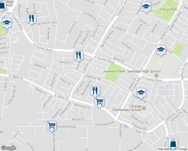 map of restaurants, bars, coffee shops, grocery stores, and more near 3511 Brentridge Drive in Corona