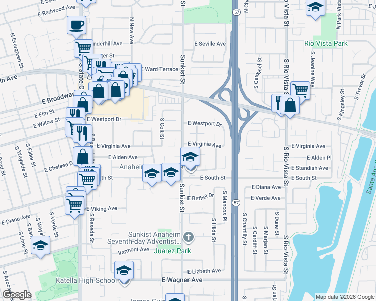 map of restaurants, bars, coffee shops, grocery stores, and more near in Anaheim