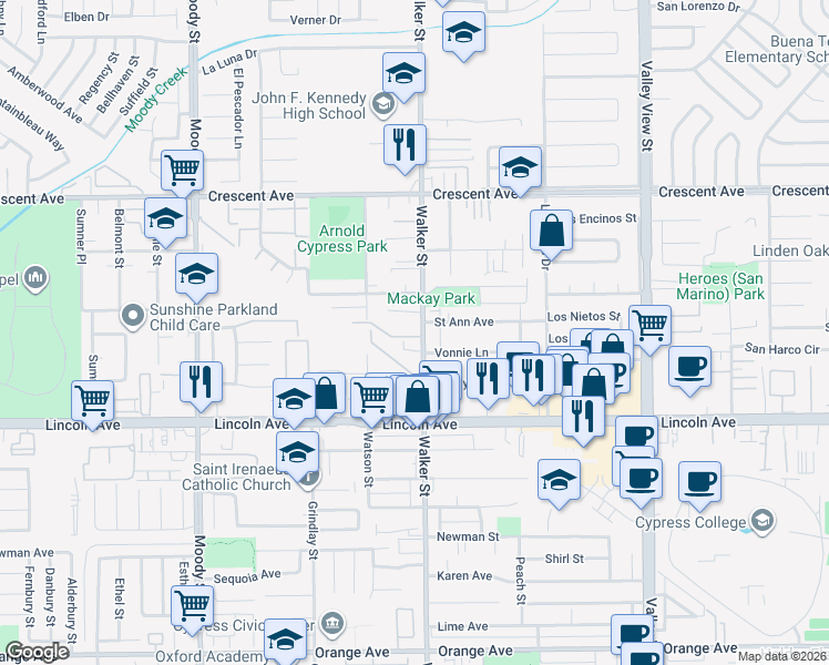map of restaurants, bars, coffee shops, grocery stores, and more near 5430 Brittany Way in Cypress