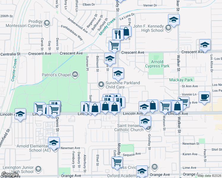 map of restaurants, bars, coffee shops, grocery stores, and more near 8832 La Salle Street in Cypress