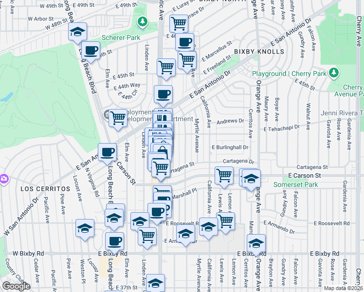 map of restaurants, bars, coffee shops, grocery stores, and more near 4260 Lime Avenue in Long Beach