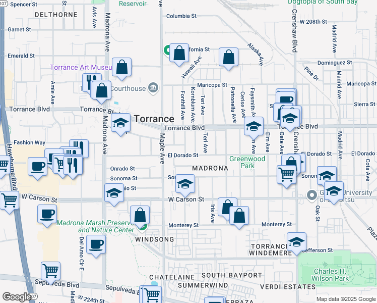 map of restaurants, bars, coffee shops, grocery stores, and more near 2856 El Dorado Street in Torrance
