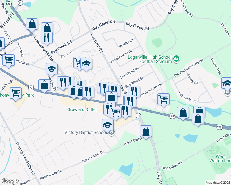 map of restaurants, bars, coffee shops, grocery stores, and more near 116 Perry Street in Loganville