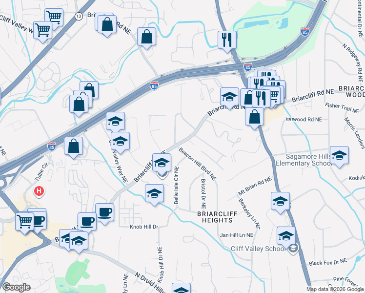 map of restaurants, bars, coffee shops, grocery stores, and more near 1774 Belle Isle Circle Northeast in Atlanta