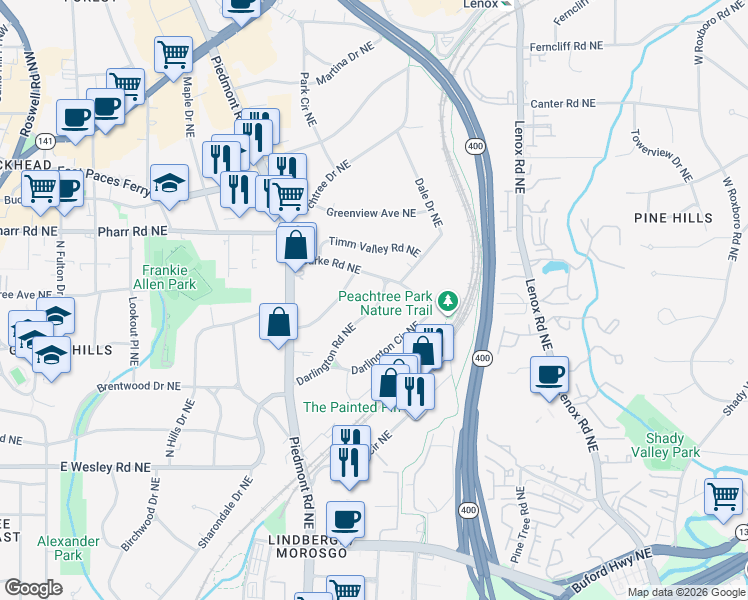 map of restaurants, bars, coffee shops, grocery stores, and more near 700 Darlington Road Northeast in Atlanta